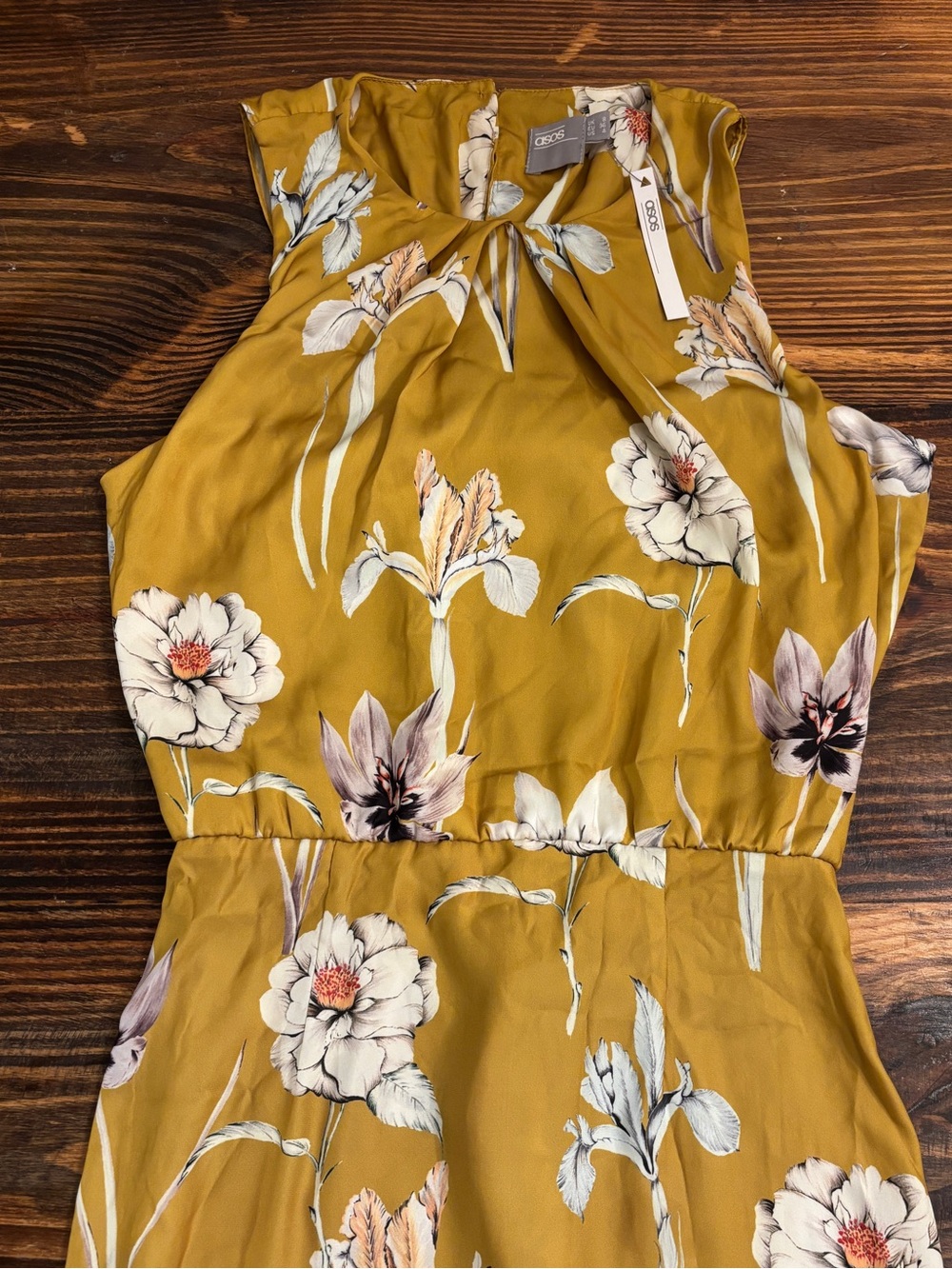 NWT ASOS Mustard Floral Sleeveless Midi Dress Size 4 Twist Back Cutout - Picture 4 of 12